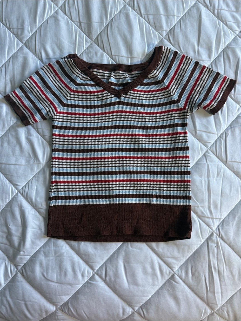 Girls' Striped V-Neck Knit Top in Brown, White & Red